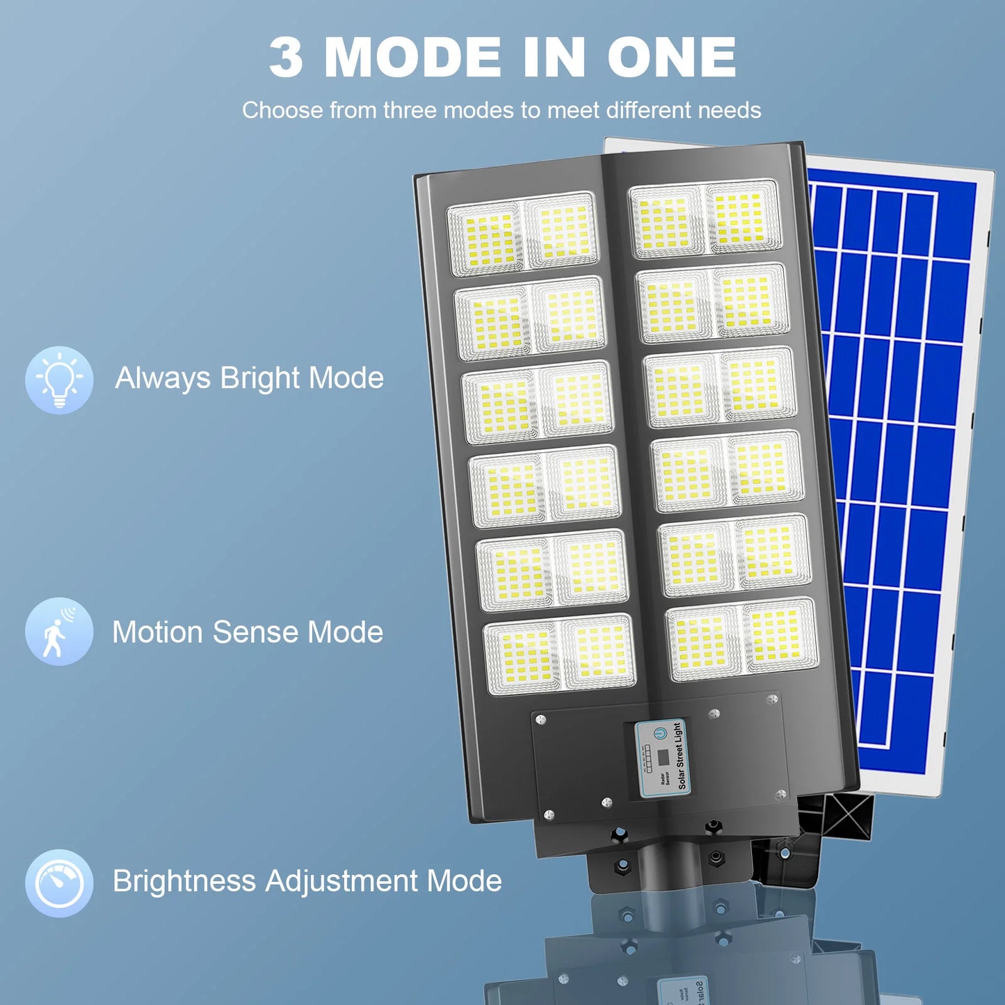 6000-watt waterproof solar street lights. Automatically turn on at dusk and are equipped with motion sensors. Suitable for comme