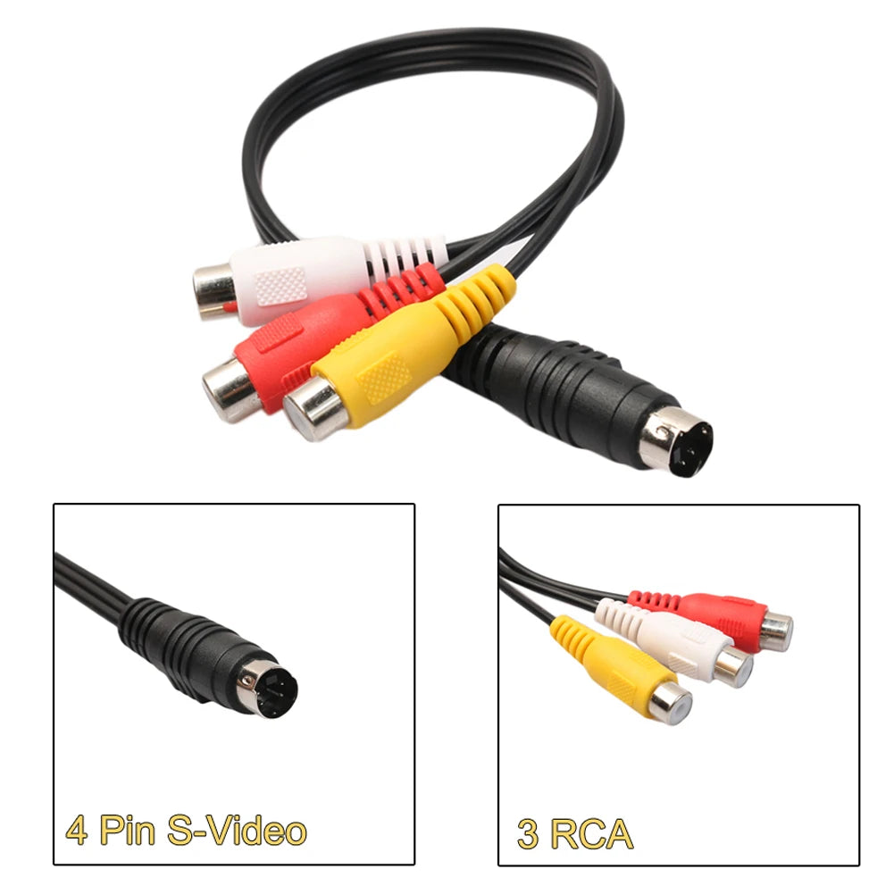 4 Pin S-Video To 3 RCA Adapter Cable Conversion Cord Black Audio Video Composite Extension Cable Copper Core for Computer Laptop